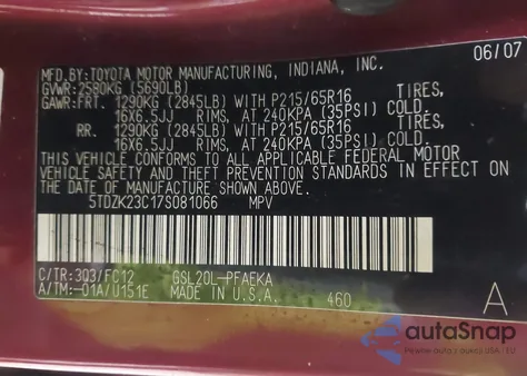 2007 Toyota Sienna Le из США, поврежденный, VIN 5TDZK23C17S081066